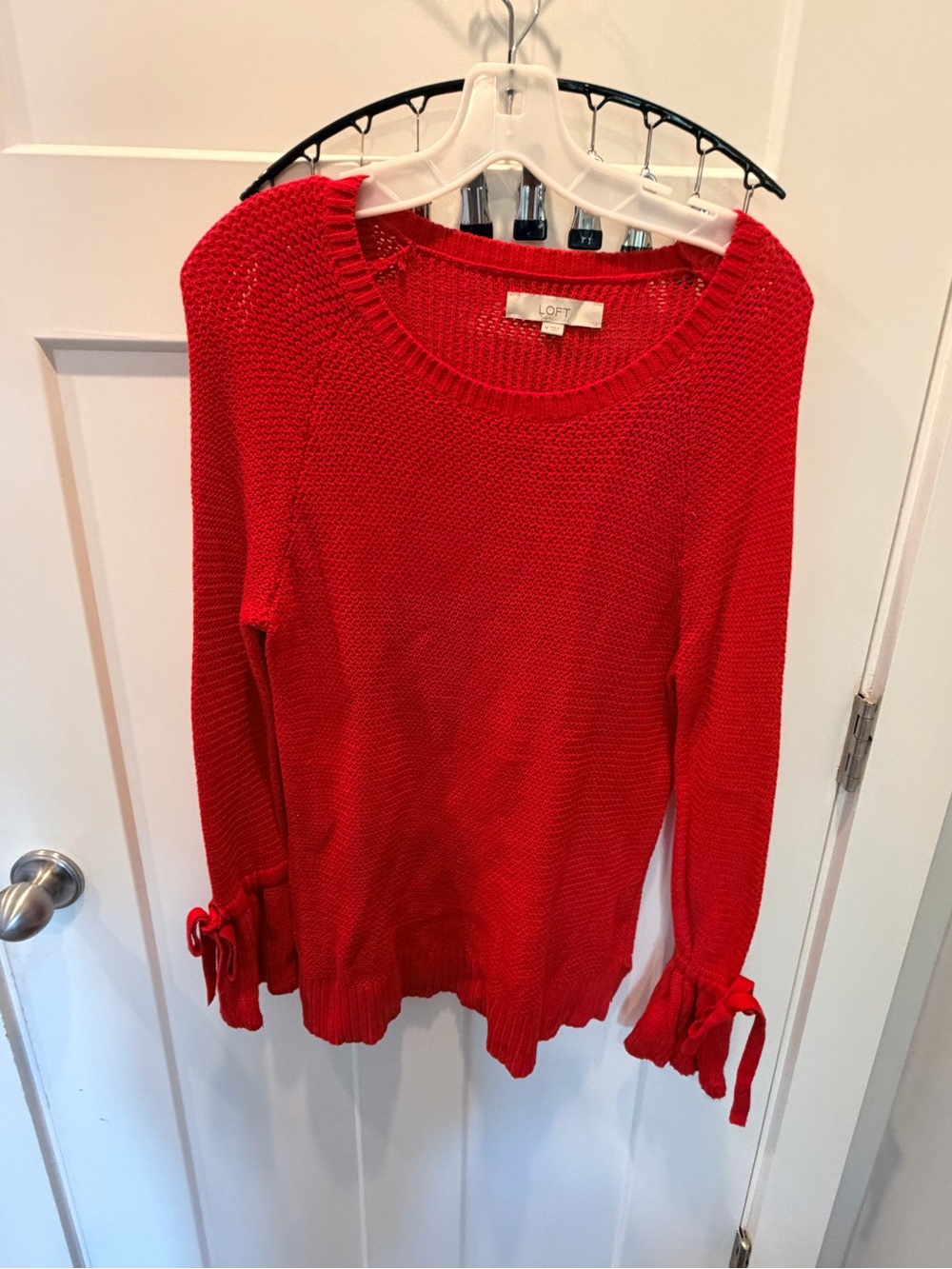 LOFT Red Cotton Sweater Medium Bow Tie Cuff Long Sleeve Pullover